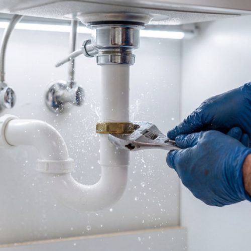 A skilled plumber wearing blue protective gloves uses an adjustable wrench to fix a leaking white pipe under a modern sink while water sprays out